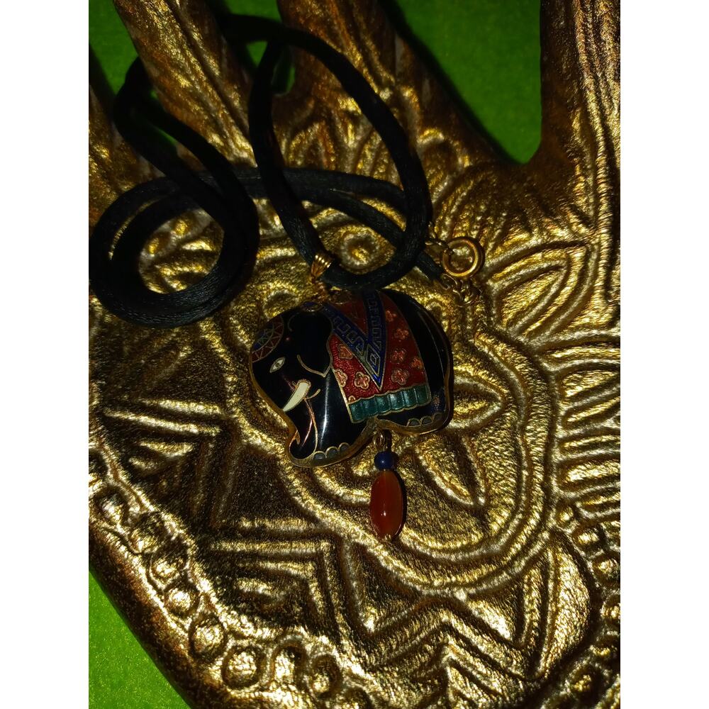 Vintage Black Rope Cloisonne Pendant Necklace Puffy Elephant Double Sided - Picture 5 of 5